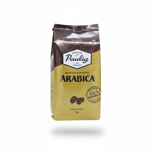 Желто-коричневый пакет кофе Paulig Arabica в зернах, 1 кг. Сбалансированный и ароматный вкус.